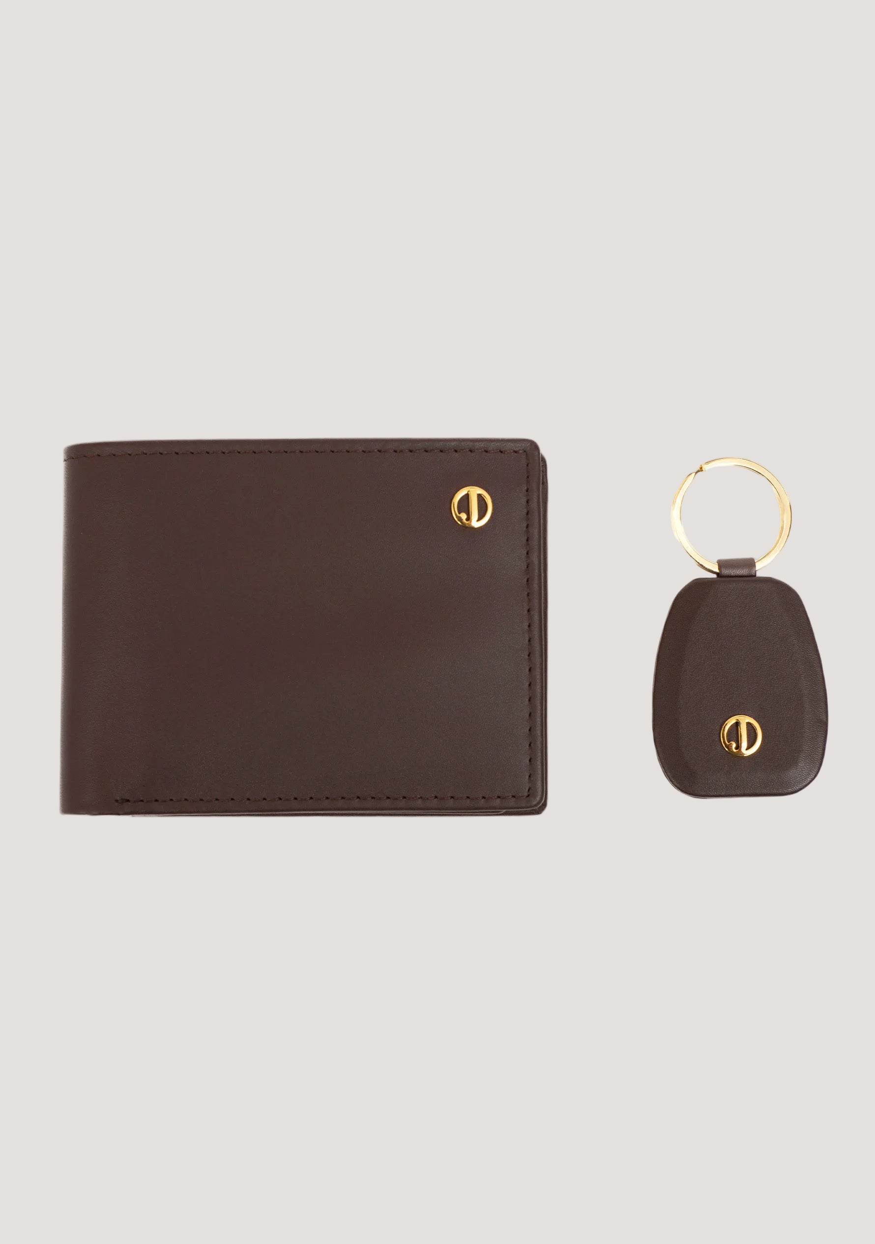 Brown wallet and keychain set with a logo on a white background